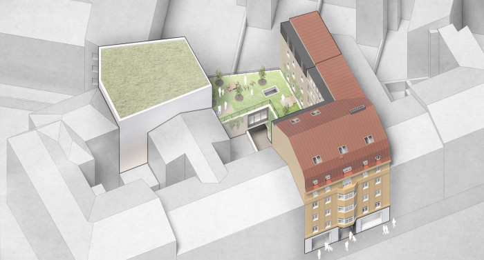 Dostavba a úpravy budovy ČKAIT, axonometrie, FAM ARCHITEKTI