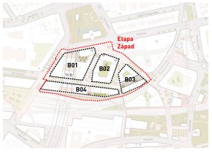 Florenc21: Etapa Západ, vymezení jednotlivých bloků řešených ve čtyřech architektonických soutěžích