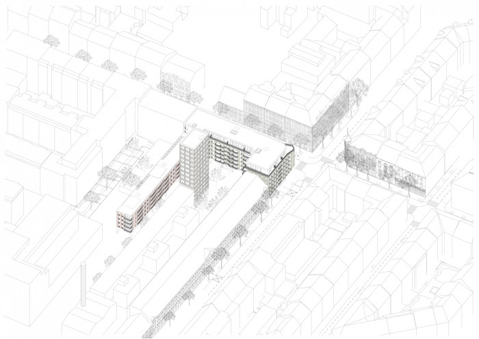 Bytový dům v Karlíně, axonometrie, Barbora Červeňová