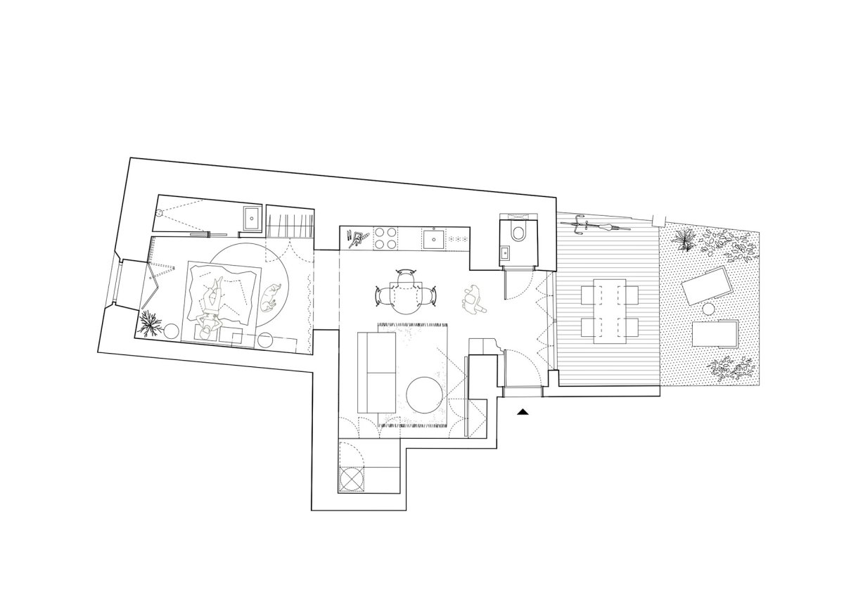 Půdorys vzorový byt 1.PP (Rekonstrukce pavlačového domu v Praze-Nuslích, Plus One Architects) 