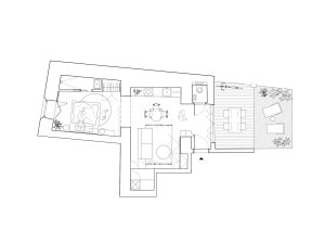 Půdorys vzorový byt 1.PP (Rekonstrukce pavlačového domu v Praze-Nuslích, Plus One Architects) 