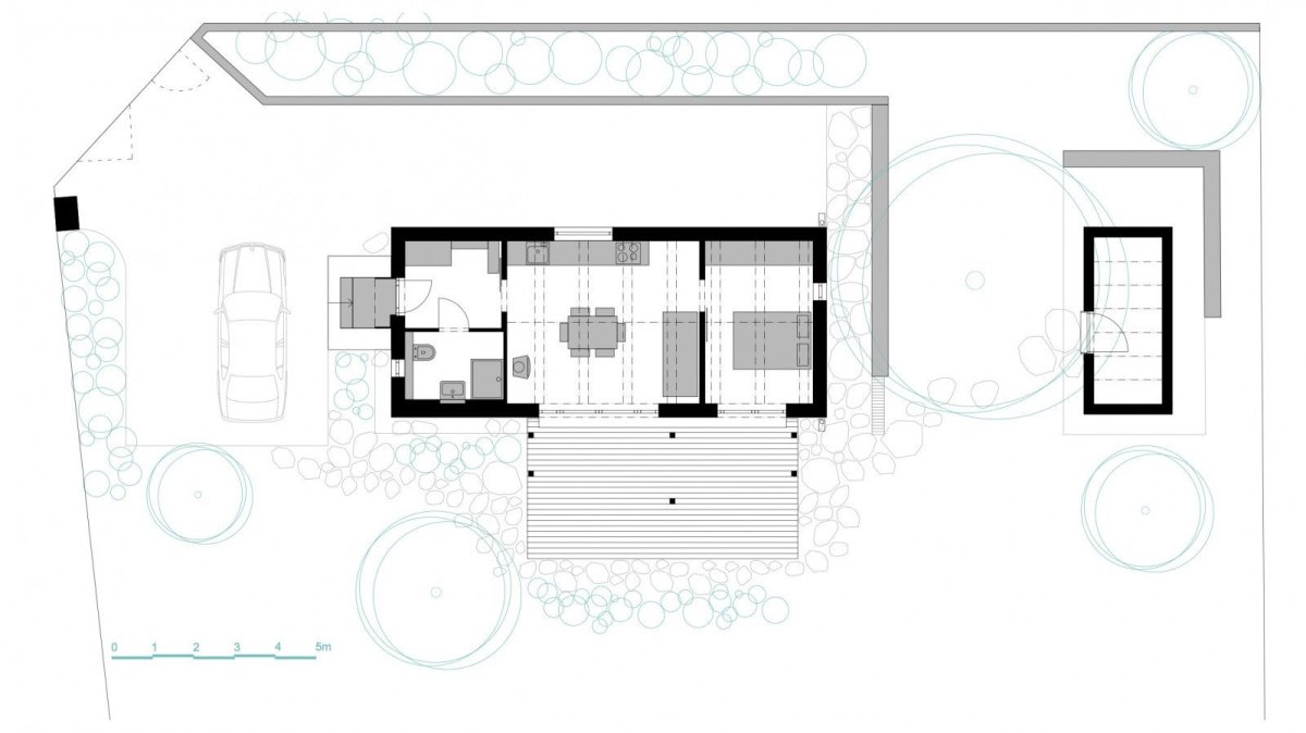 Rekreační domek v Plzni na Mikulce, architectureMADE, půdorys