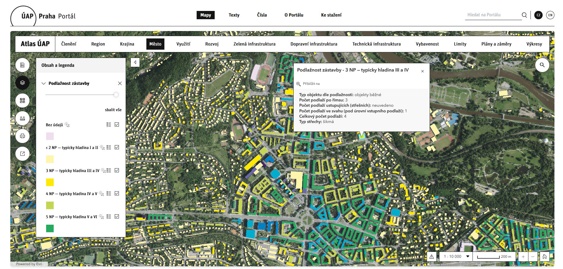 Územně analytické podklady zahrnují nejnovější data o území nebo jeho hodnotách a limitech. (na obrázku podlažnost zástavby v Dejvicích)