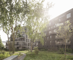 Studio AVENIER CORNEJO architectes navrhlo na břehu kanálu na předměstí Paříže obytný soubor třech domů s různým odstínem lícových cihel