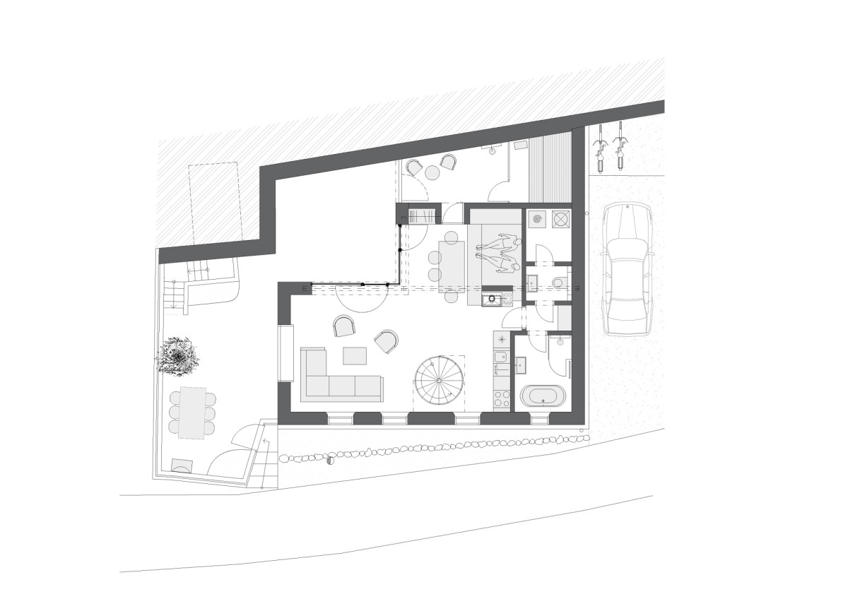 Půdorys 1.NP (Bukovanský domeček; SENAA architekti)