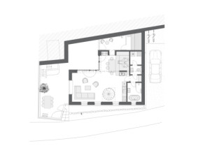 Půdorys 1.NP (Bukovanský domeček; SENAA architekti)