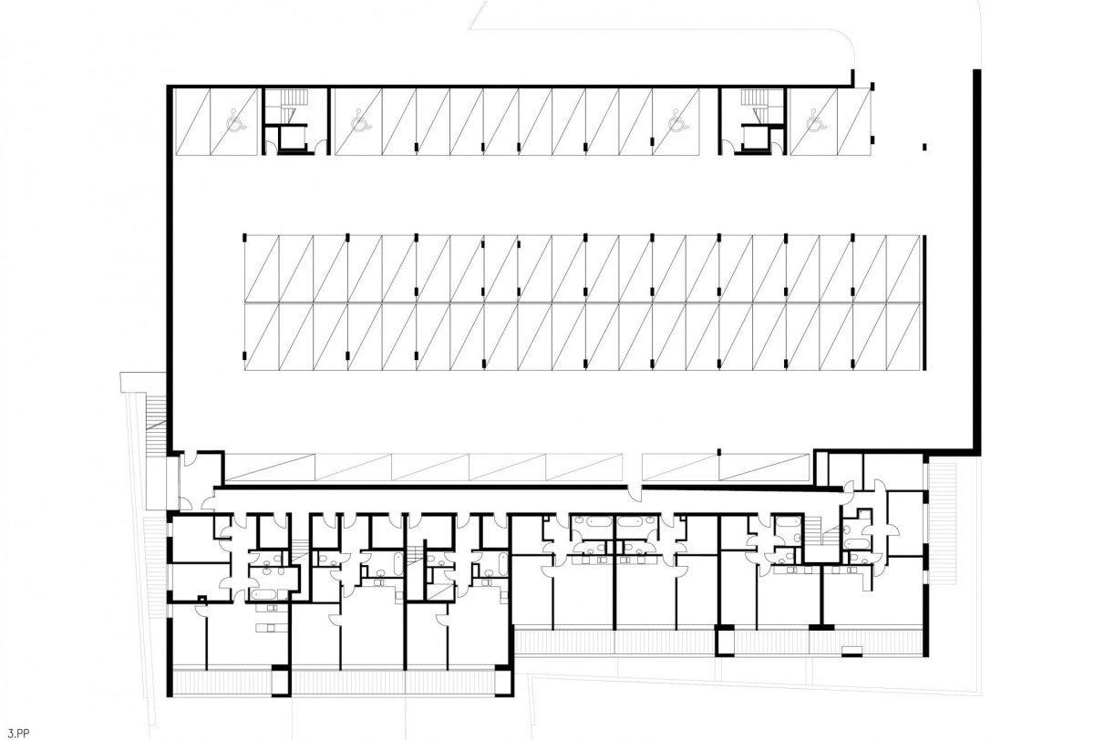 Čtyři domy v jednom, půdorys 3 PP Kuba & Pilař architekti