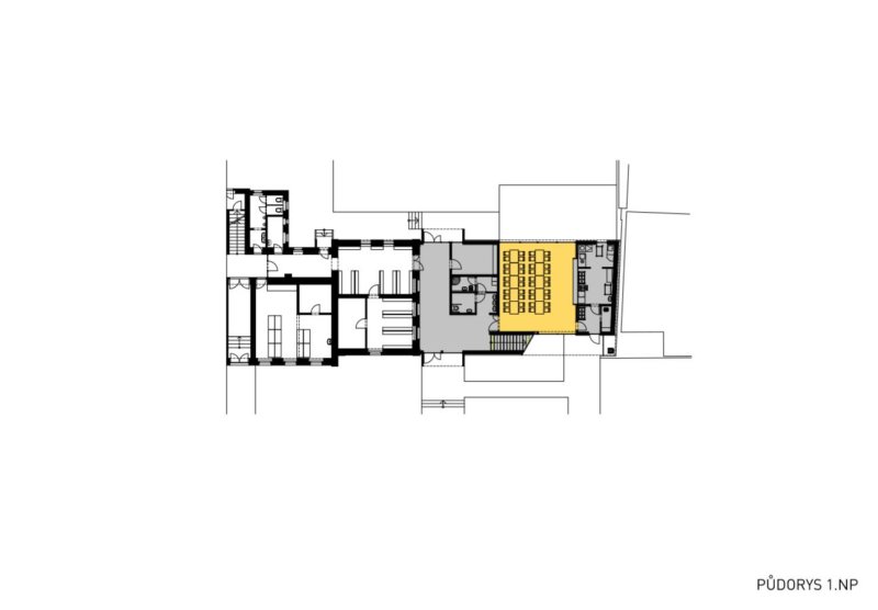 Přístavba školní družiny ZŠ Újezd v Plzni, půdorys 1np, Projectstudio8