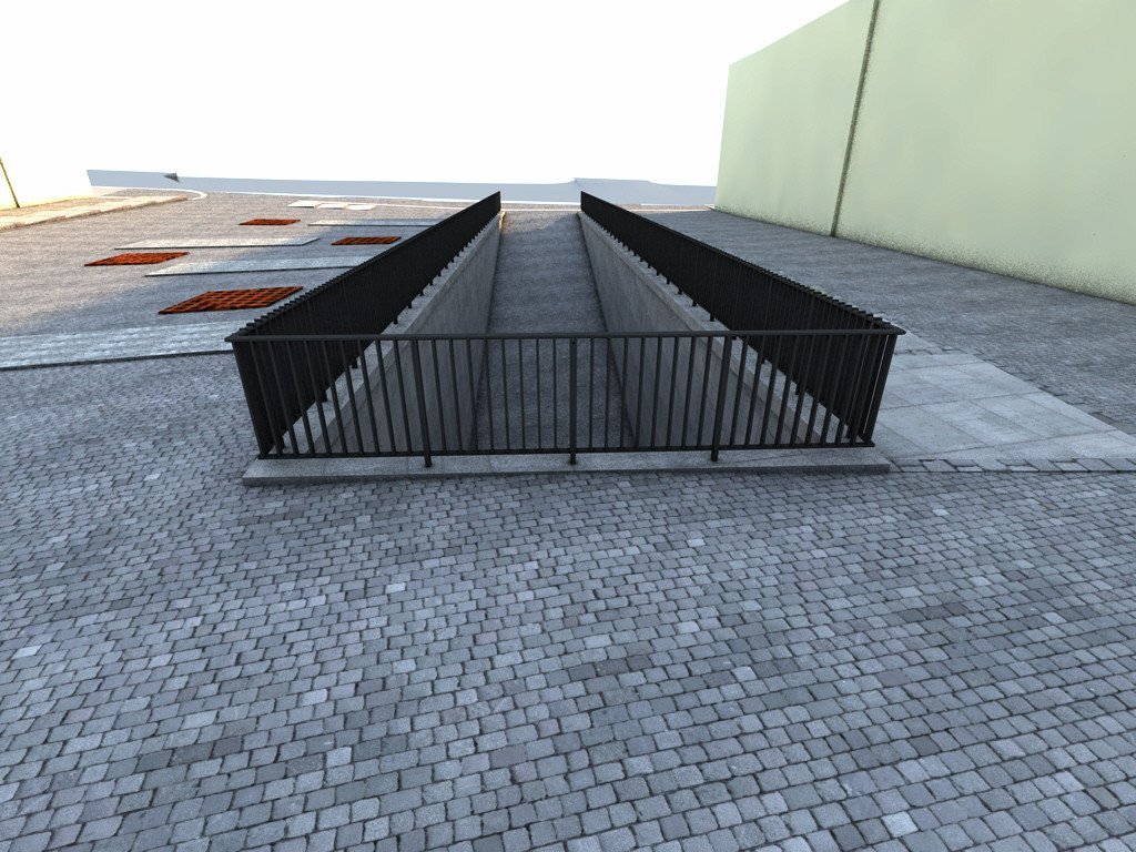 Pohled na rampu - vizualizace (Přiložené vizualizace jsou vytvořeny pouze přiřazením textur konstrukčnímu 3D modelu, který byl použit pro vytyčování stavby, a jednoduchým renderováním. Nejedná se o architektonické vizualizace.)