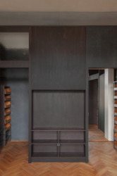 Rekonstrukce bytu v secesní vile, svobodová blaha - Po stránce materiálů i barev dominuje interiéru a vestavěnému nábytku dřevo tmavých odstínů