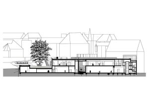 Studio Andreas Heller GmbH Architects & Designers, Evropské muzeum hanzy, 1.NP nové budovy, řez novou budovou, výkres
