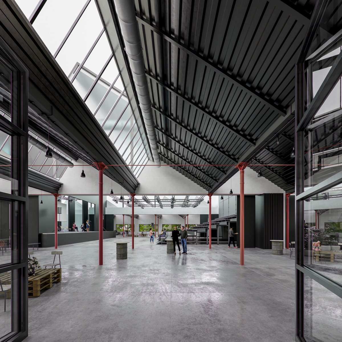 Vizualizace konverze bývalých továrních budov v Moravské Třebové na kulturní centrum od ateliéru Rusina Frei architekti