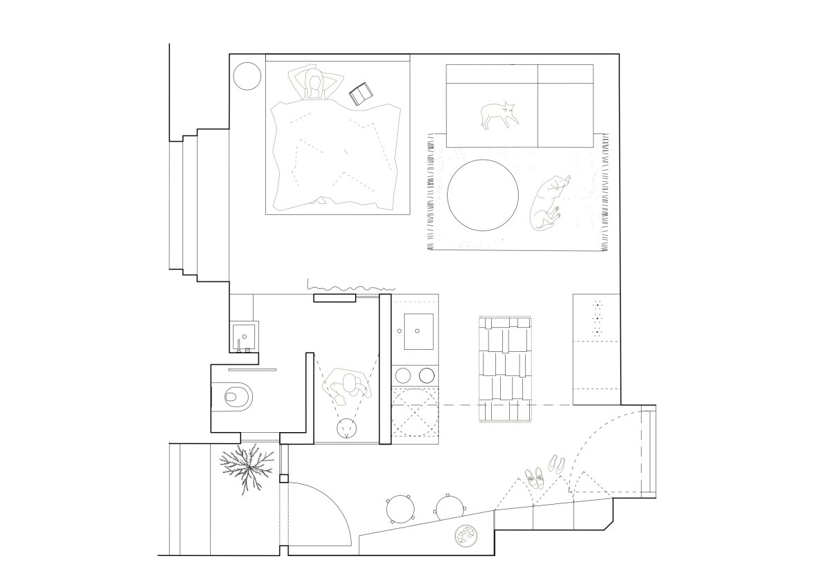 Půdorys (Byt pro malířku v Praze-Holešovicích od Plus One Architects)