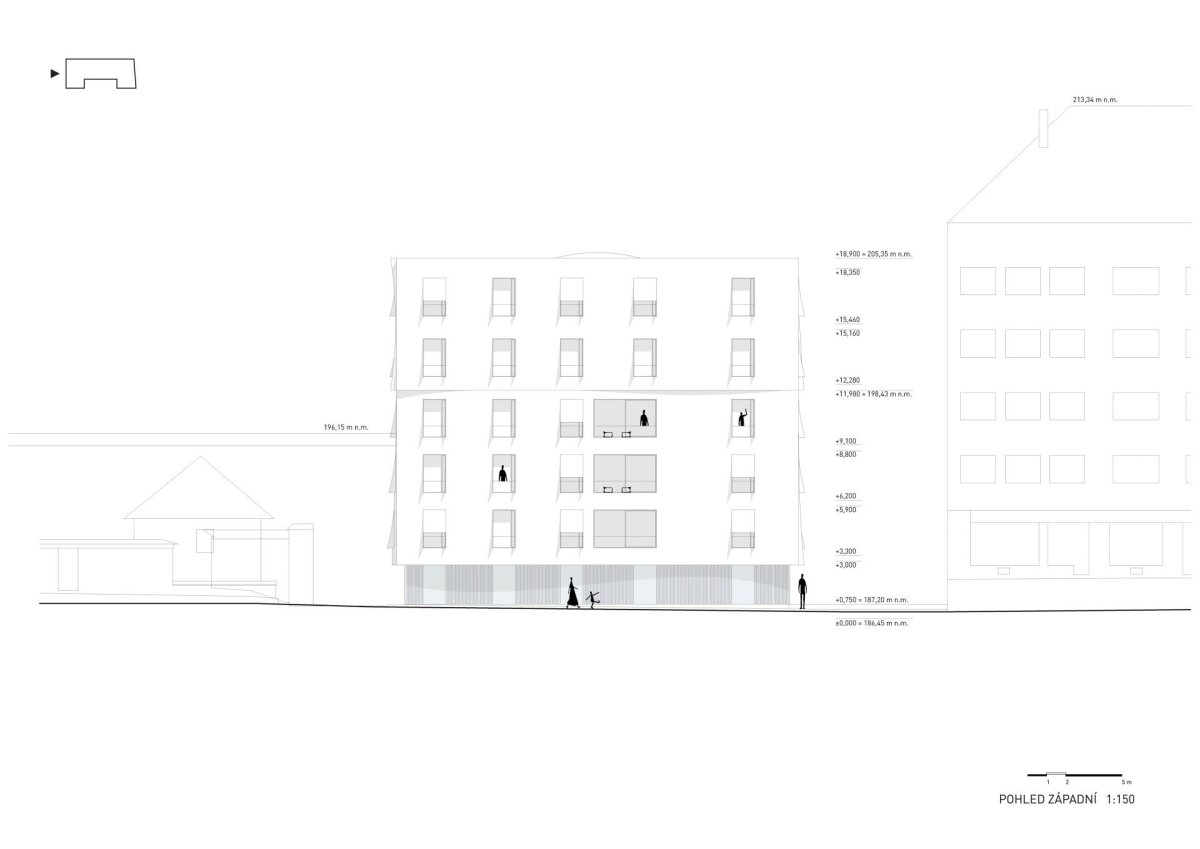 Pohled západní - architektonické návrhy řešení v průběhu projekční přípravy