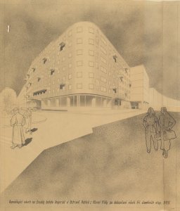 Čestmír a Lubomír Šlapetovi (pod tlakem Zdeňka Alexy a Vladimíra Meduny), Hotel Imperial v Ostravě, perspektiva, 1951, MUO