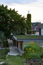 Stavba je zakončena plochou vegetační střechou s výrazným přesahem na jih, který stíní intenzivní letní slunce. (Krafferova zahrada v Jindřichově Hradci od matěj šebek architekti a Ateliér Za Mák)