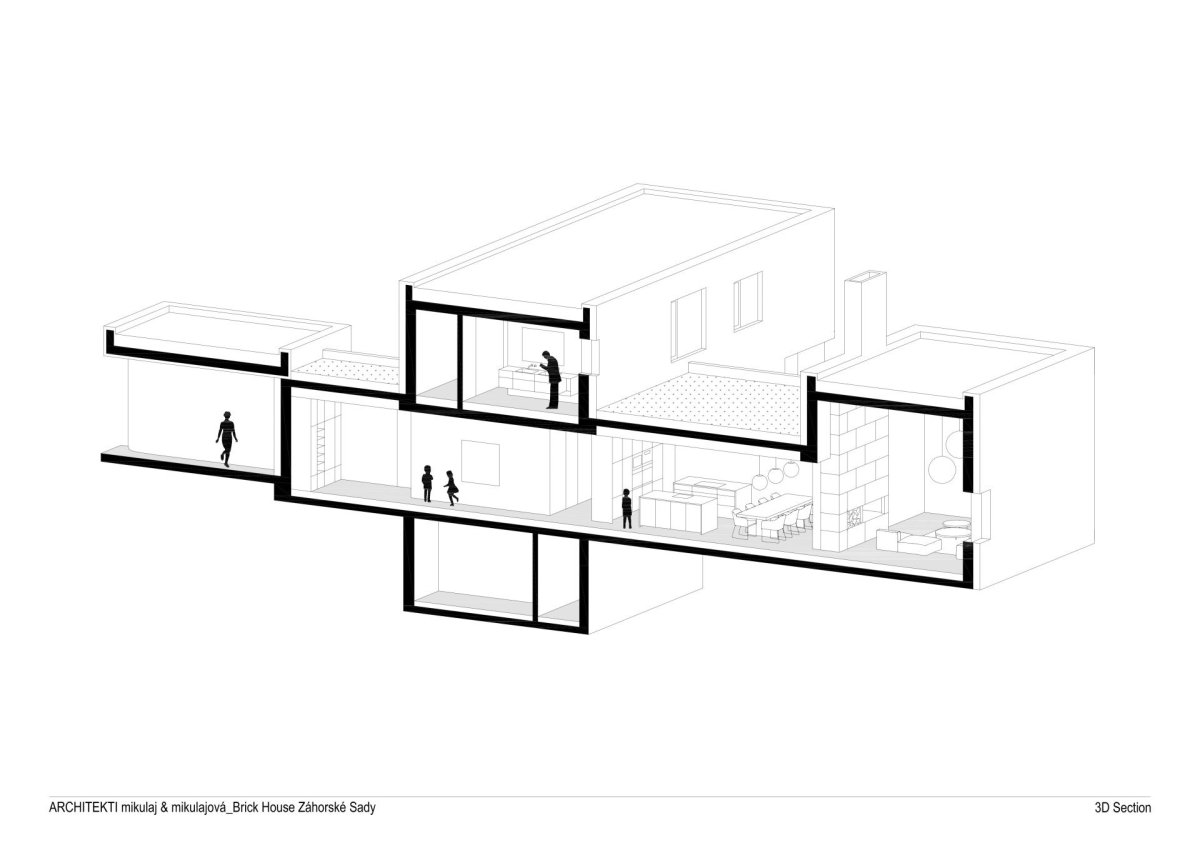 Rodinný dům v Záhorských sadech v Bratislavě, ARCHITEKTI mikulaj & mikulajova: Axonometrický řez