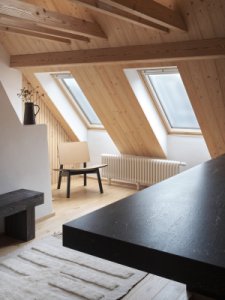 Střešní okna přivádějí světlo hluboko do dispozice podkroví historického statku. (Chalupa na Vysočině; Plus One Architects)