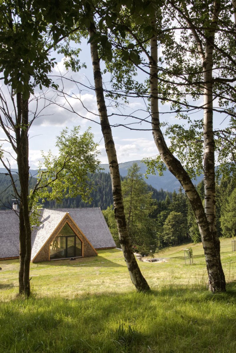 Jeden štít je prosklený. (Chalupa Wunderbaude, A1Architects) 