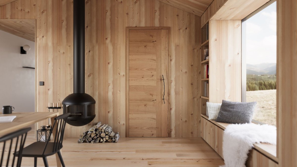 Dýhované dveře TENGA doplněné o designové kování Zlesart