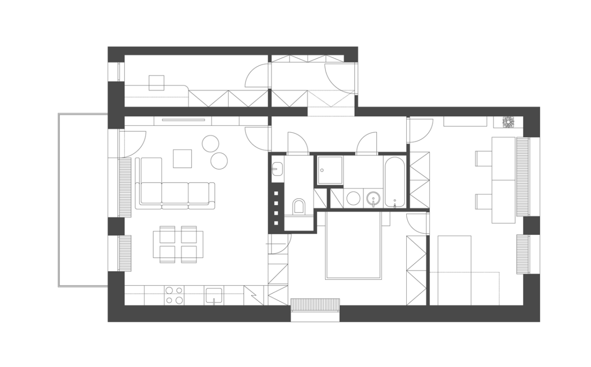 Mooza architecture, Byt na modré vlně, půdorys, nový stav – foto