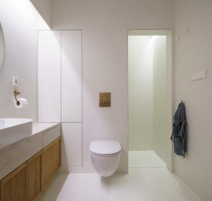 Pohled do koupelny (Bydlení v řadovém domě v Praze-Strašnicích, BY architects)