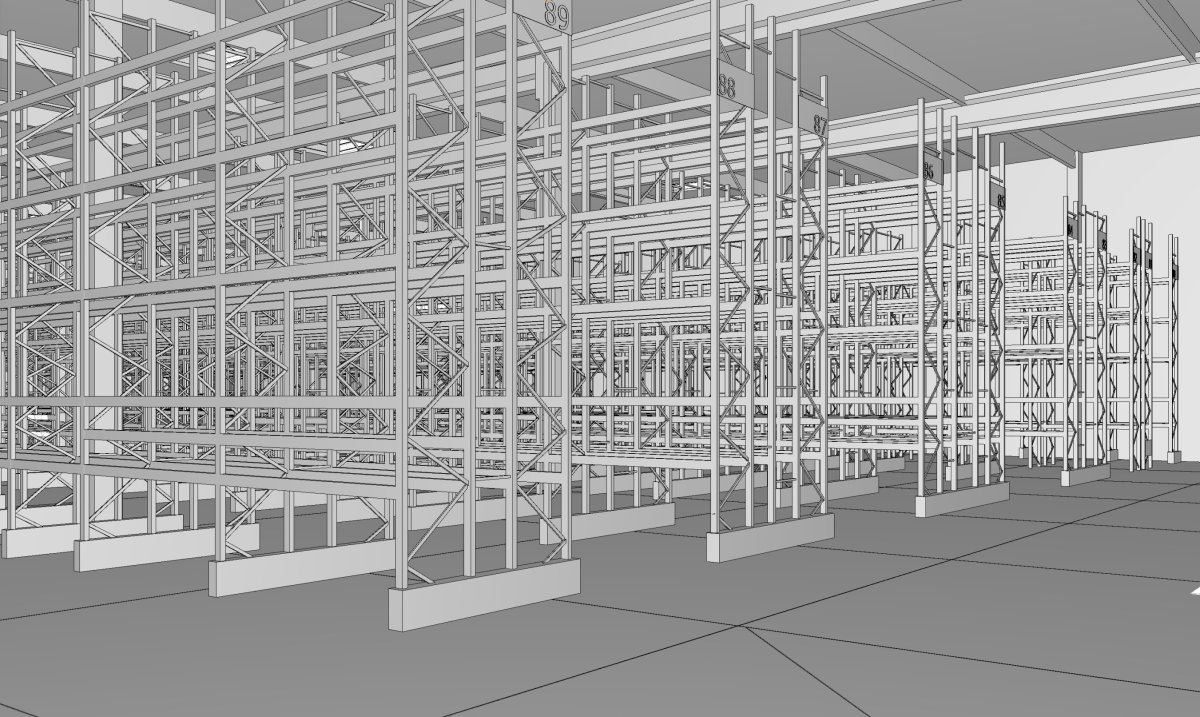 Výchozí 3D model skladové haly před změnou dispozice regálů