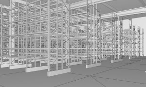 Výchozí 3D model skladové haly před změnou dispozice regálů