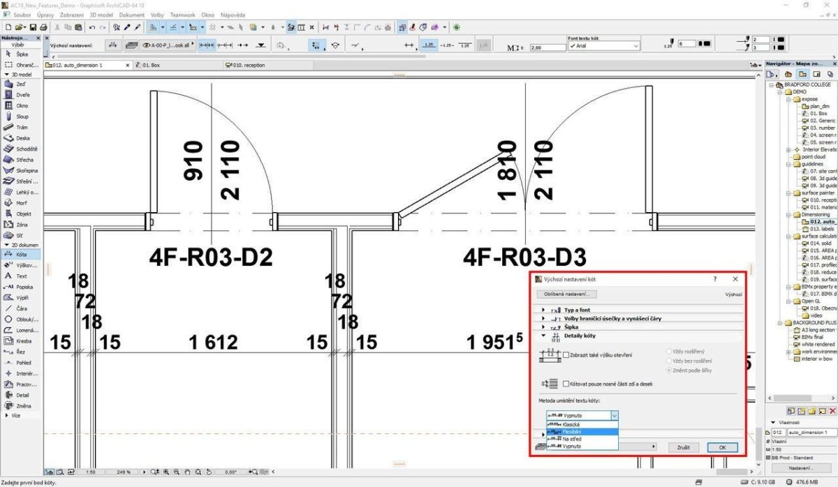 Obr. 2: ArchiCAD 19 - Program rozmístí texty směrem od kótovací čáry tak, aby byly čitelné - foto