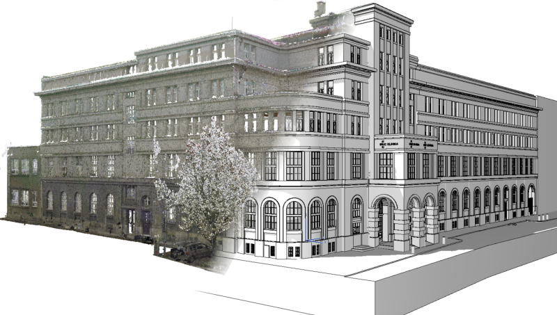 Mračno bodů může být ideálním podkladem pro vymodelování 3D/BIM modelu stávajícího stavu budovy. Příklad mračna bodů a modelu kliniky EUC v Plzni jako podkladu pro rekonstrukci fasády.