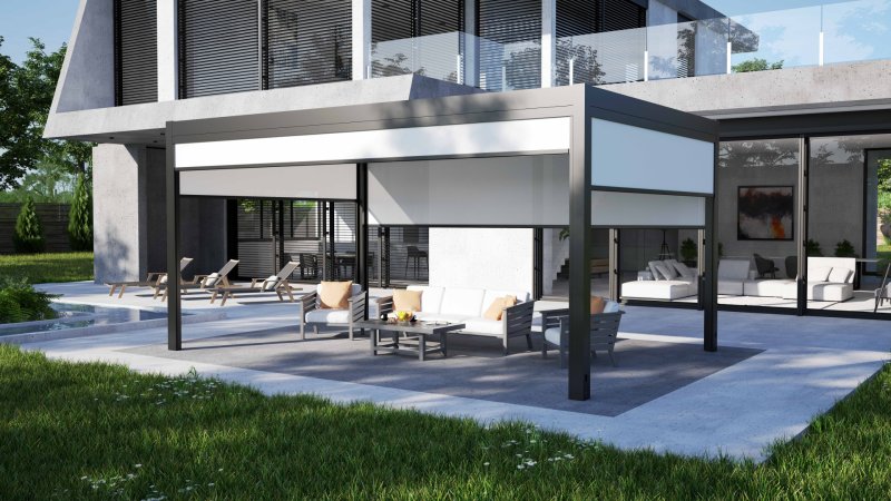 Nová pergola MB-OPENSKY 120 od společnosti ALUPROF umožňuje trávit čas venku za jekéhokoli počasí