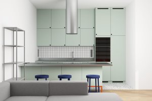 Vizualizace kuchyně (Interiér domu v Lysolajích, Amulet architekti)