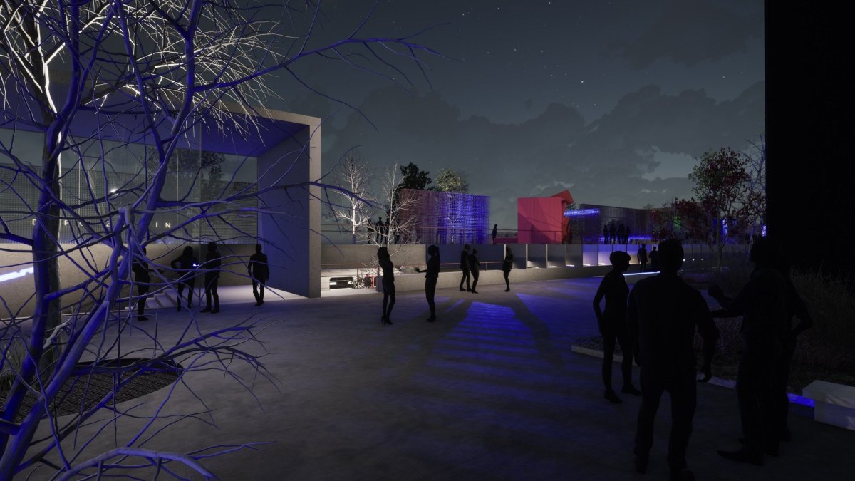 Vizualizace vítězného návrhu Petr Stolín Architekt - noční atmosféra před vstupem stanice